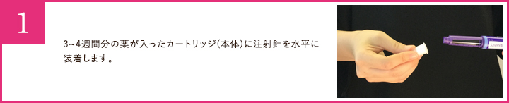 3~4週間分の薬が入ったカートリッジ(本体)に注射針を水平に装着します。
