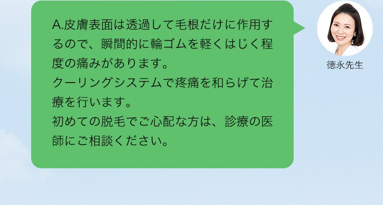 A.皮膚表面は透過して毛根だけに作用するので、瞬間的に輪ゴムを軽くはじく程度の痛みがあります。クーリングシステムで疼痛を和らげて治療を行います。初めての脱毛でご心配な方は、診療の医師にご相談ください。