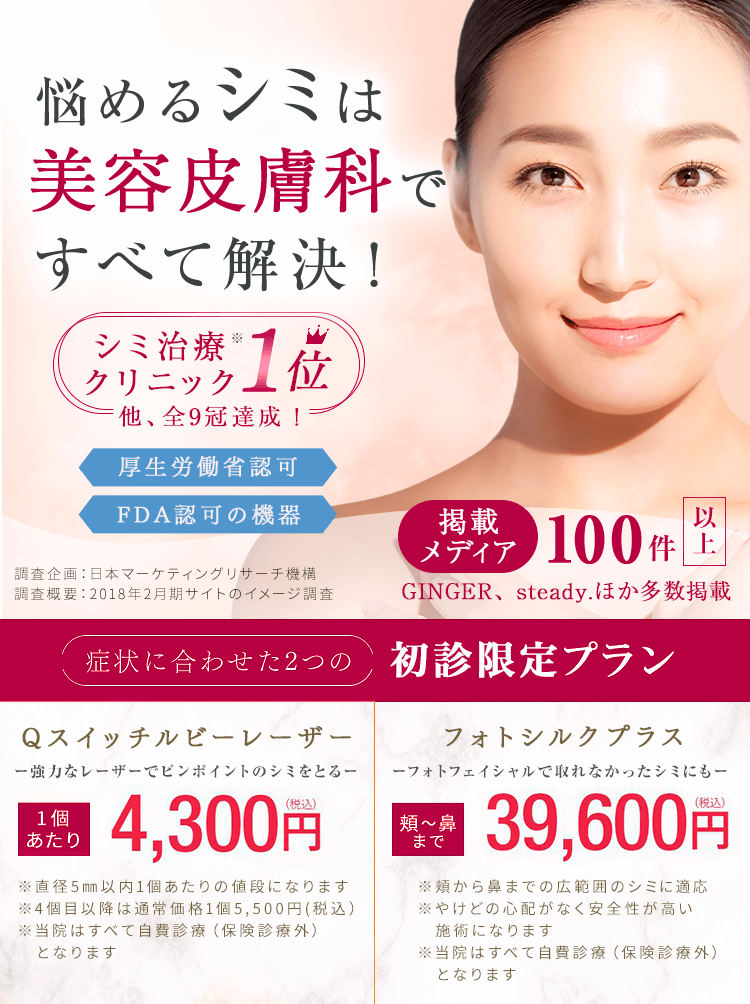 美容皮膚科シロノクリニック シミ治療 一人一人のシミに合わせた治療 諦めていたシミにも治療可能 厚生労働省認可だから安心・安全