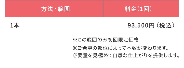 方法・範囲の料金（１回）表